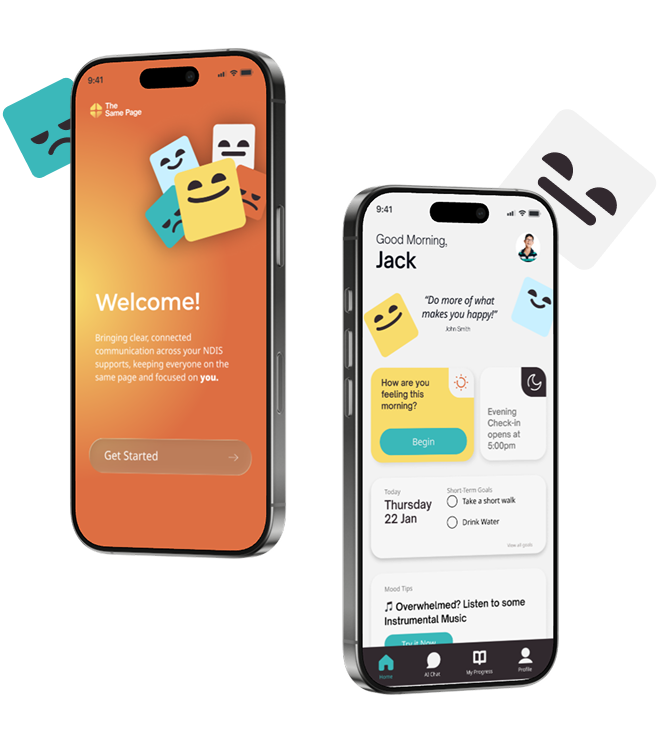 Two phones featuring screens from The Same Page with 2 emotes behind them